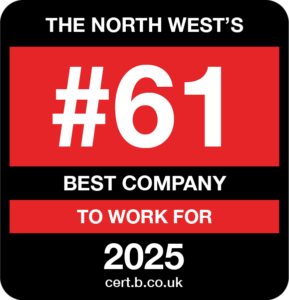 Graphic showing a badge that reads: ‘The South West’s #61 Best Company to Work For 2025’ with the website cert.b.co.uk.