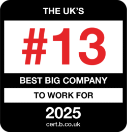 Graphic displaying a badge that reads: ‘The UK’s #13 Best Big Company to Work For 2025’ with the website cert.b.co.uk.