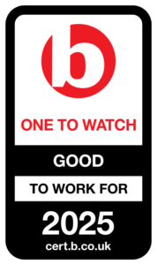 Graphic showing a badge that reads ‘One to Watch – Good to Work For 2025’ with the cert.b.co.uk logo.
