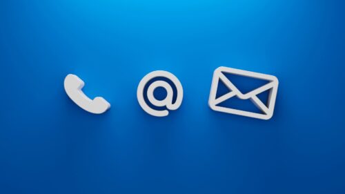 Icons of a phone, email and envelope on a blue background.